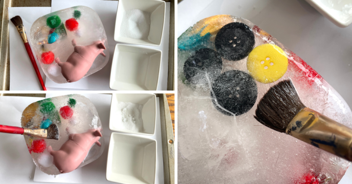 A block of ice with toys, buttons and pom poms frozen inside. Salt, vinegar and a paint brush used to paint and melt the ice around the objects.