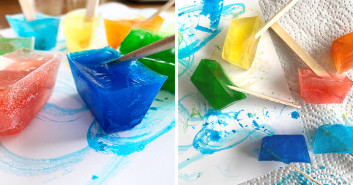 Water and food colouring frozen into ice cubes with a popsicle stick handles. As the ice melts, it paints the paper.