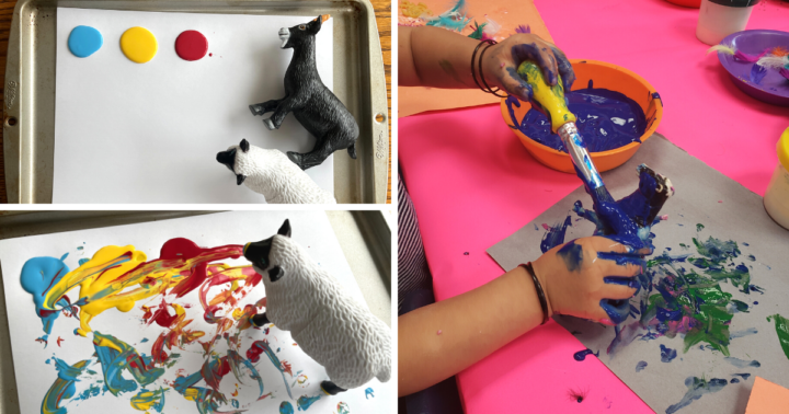 Toy animals are used to paint or paint on for this easy paint idea.