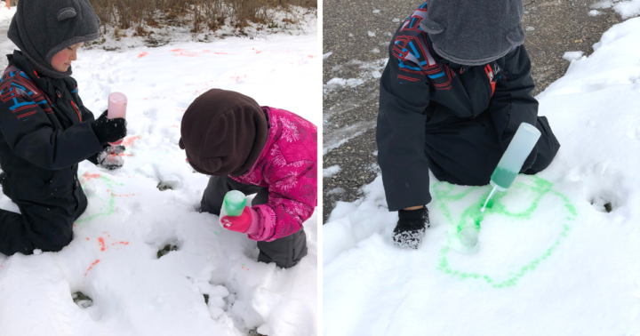 Preschool aged children use a squirt bottle with water and food colouring to draw in the snow.