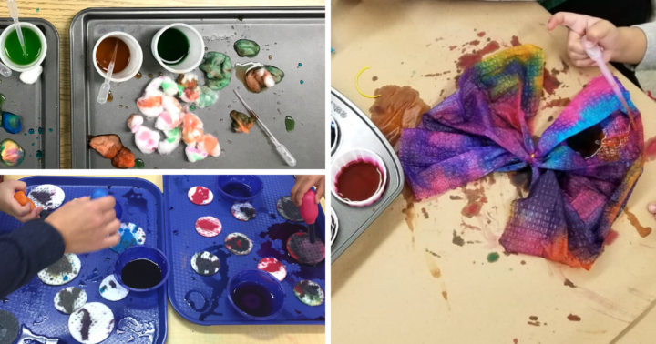 Children use pipettes to add food colouring to paper towels and cotton balls.