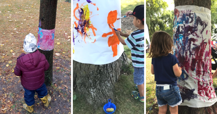 Three photos of children painting on paper that is wrapped around a tree.