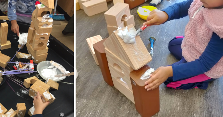Children use a paint brush and shaving cream to paint blocks and stick them together to build a structure.