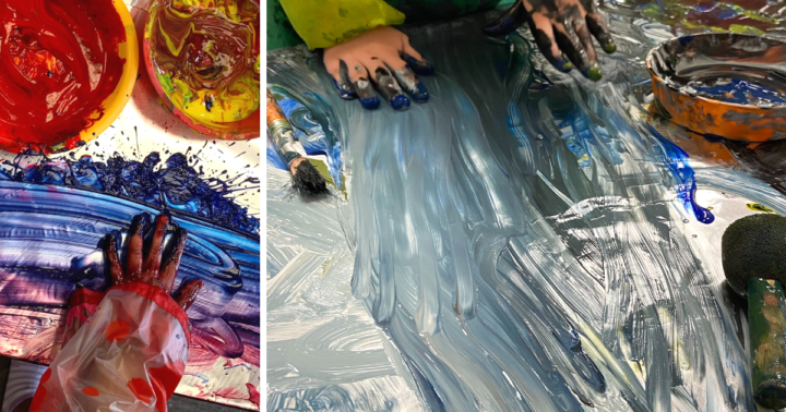 Two photos of children using their hands to paint on tin foil.