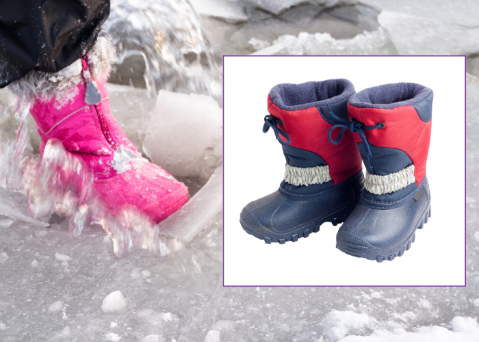 Child stomps into ice and water puddle wearing waterproof winter boots.