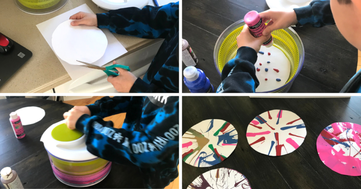 Four photos showing the steps to painting with a salad spinner. Child cuts paper into a circle the same size as the salad spinner, then add paint to the paper while inside the spinner, then spins to create different patterns with paint.