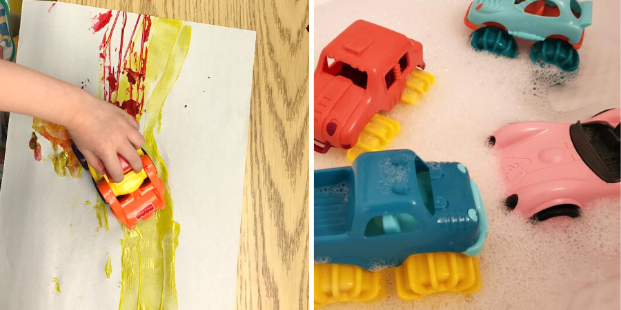 Two photos of toys cars. Photo one: a toy car rolling through red and yellow paint. Photo two: Four toy trucks in soapy water.