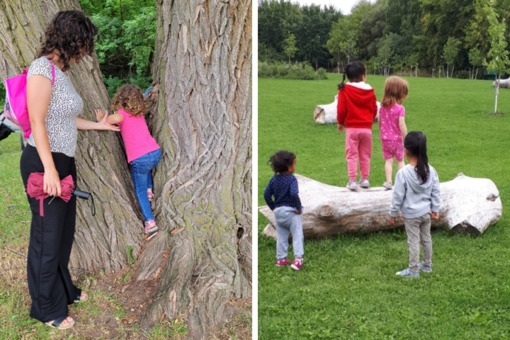 Photo 1: Mom holds child’s arm as child climbs a tree. Photo 2: four children outside, two children standing on the grass and two children standing on a log.