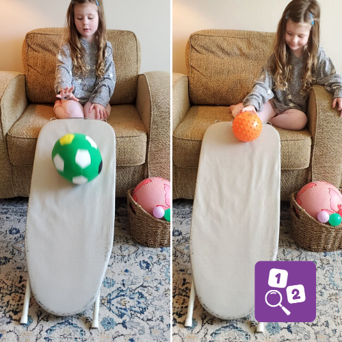Two photos of a preschool aged child rolling a ball down a ramp made out of an ironing board.